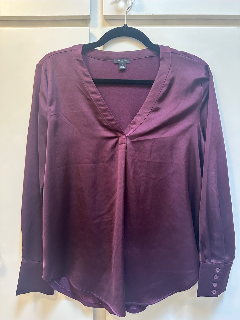 Ann Taylor Deep Plum Satin V-Neck Blouse